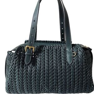Anya Hindmarch Neeson Zip Top Handbag Woven Braided Leather Top Handle Green